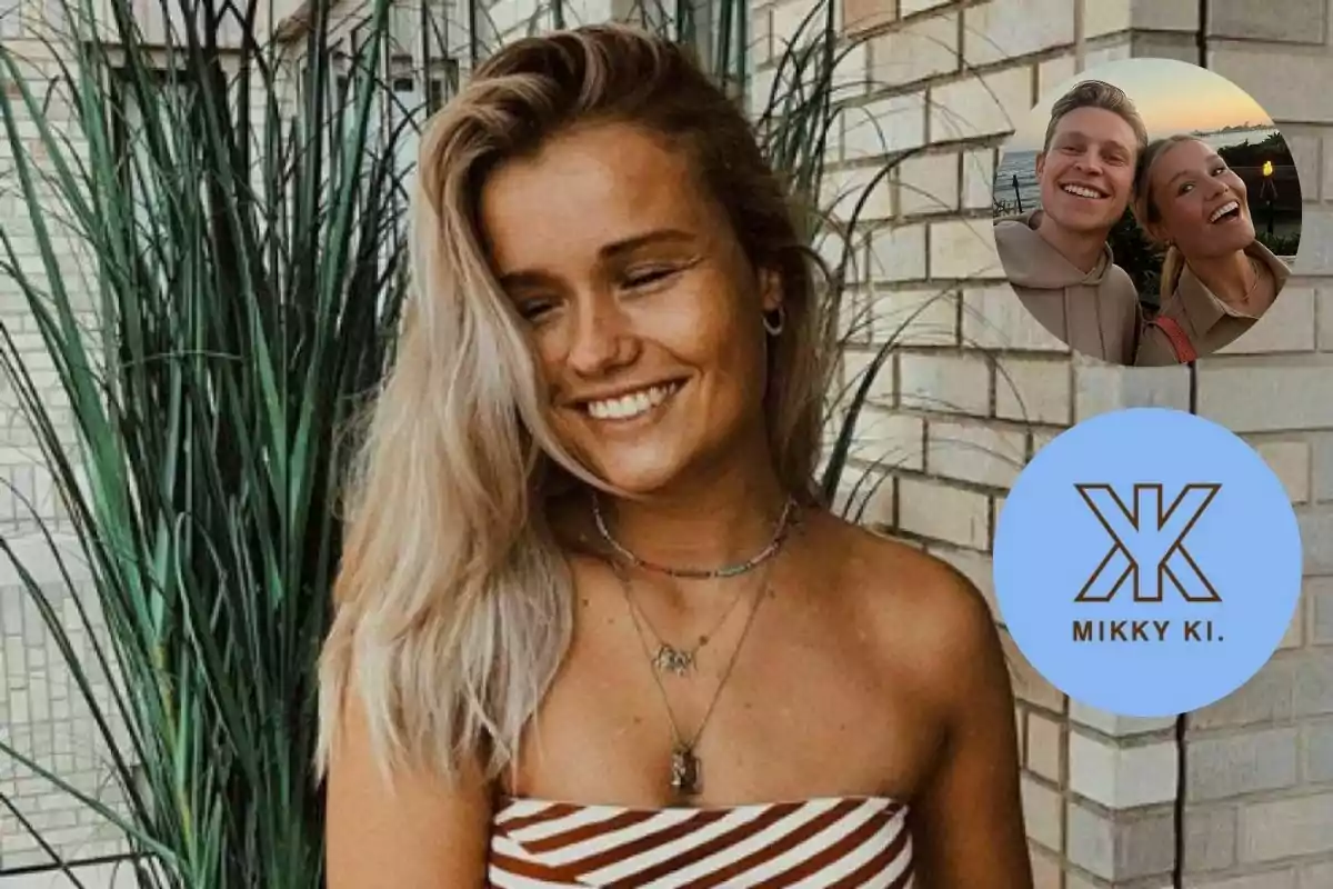 Joven sonriente de cabello rubio posando frente a una pared de ladrillos con plantas al fondo, en la esquina superior derecha aparece una foto de dos personas sonriendo y debajo un círculo azul con un logotipo y el texto Mikky Ki