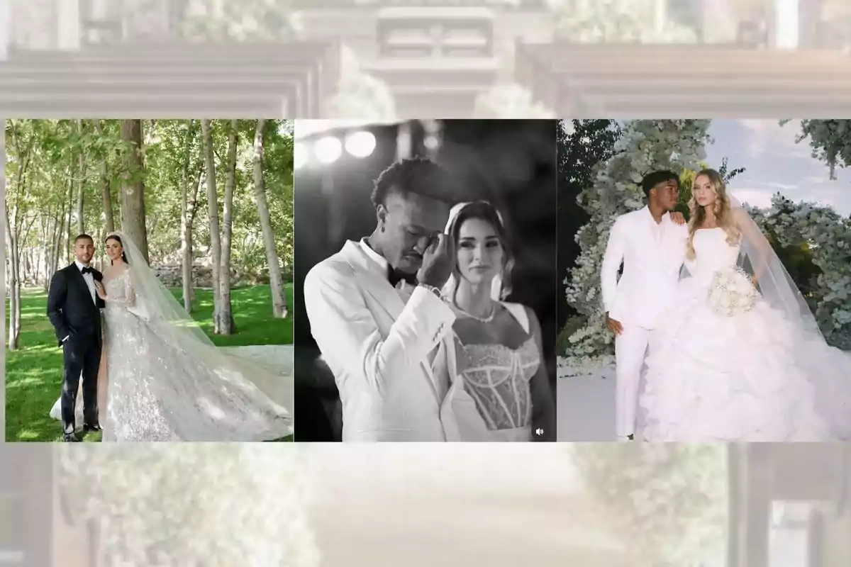 Tres parejas vestidas de novios posan en diferentes escenarios de boda rodeados de naturaleza y flores
