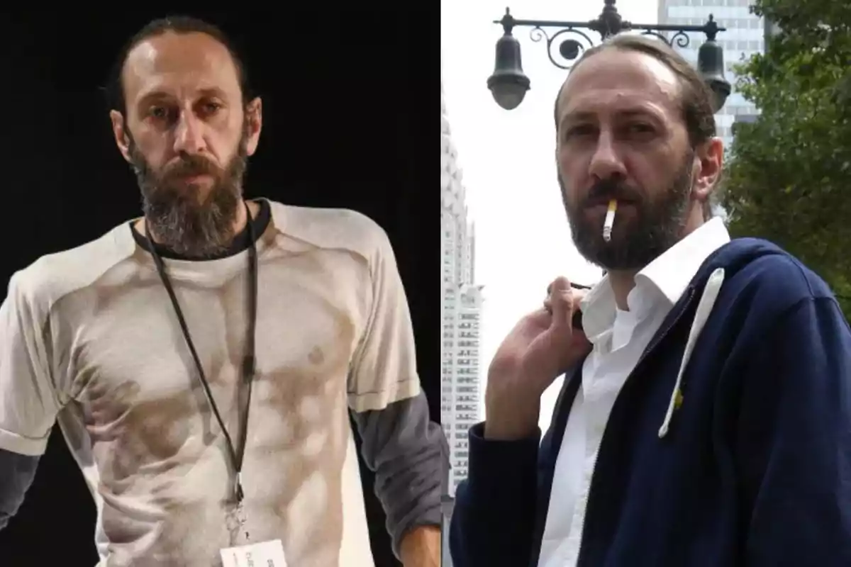 Dos fotos de un hombre con barba y cabello recogido, en la primera lleva una camiseta clara y parece estar en un ambiente interior, en la segunda viste camisa blanca y sudadera azul, está al aire libre y sostiene un cigarro en la boca. Dos fotos de un hombre con barba y cabello recogido, en la primera lleva una camiseta clara y parece estar en un ambiente interior, en la segunda viste camisa blanca y sudadera azul, está al aire libre y sostiene un cigarro en la boca.