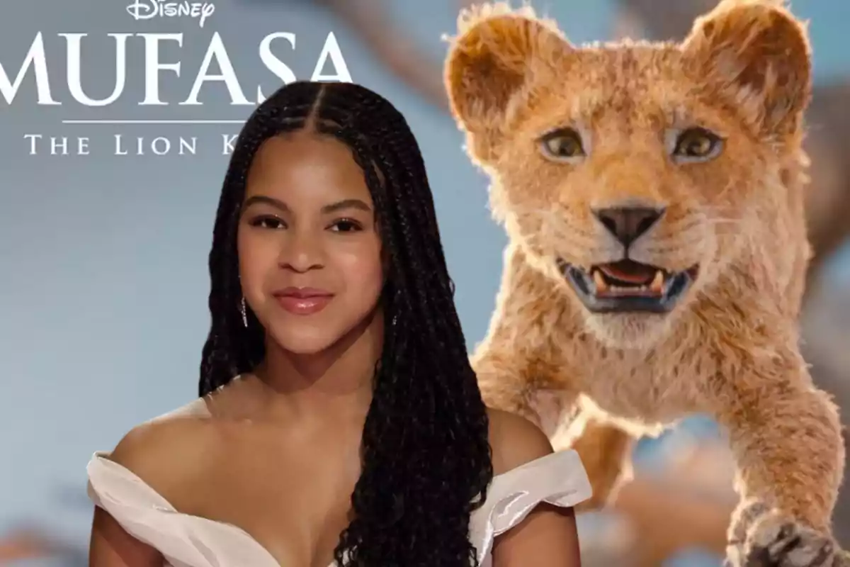 Una joven con vestido blanco posa frente a un fondo promocional de la película Mufasa The Lion King donde aparece un cachorro de león animado Una joven con vestido blanco posa frente a un fondo promocional de la película Mufasa The Lion King donde aparece un cachorro de león animado