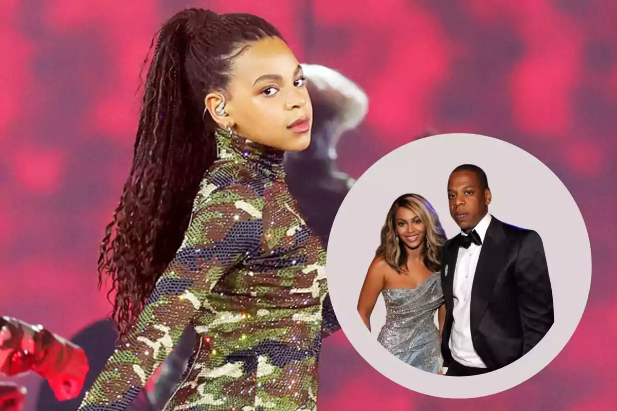 Joven con vestido de camuflaje en el escenario y un círculo con una pareja elegantemente vestida sobre un fondo rojo desenfocado