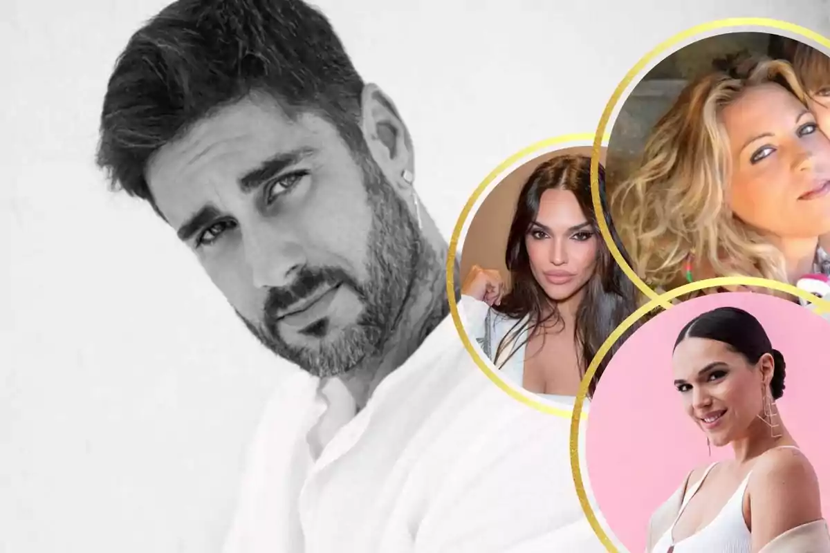 Hombre de barba en blanco y negro con tres mujeres en círculos de colores a la derecha