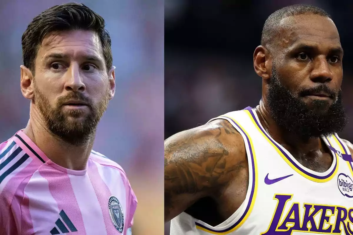 Dos deportistas famosos uno con uniforme rosa de fútbol y otro con uniforme blanco y amarillo de baloncesto