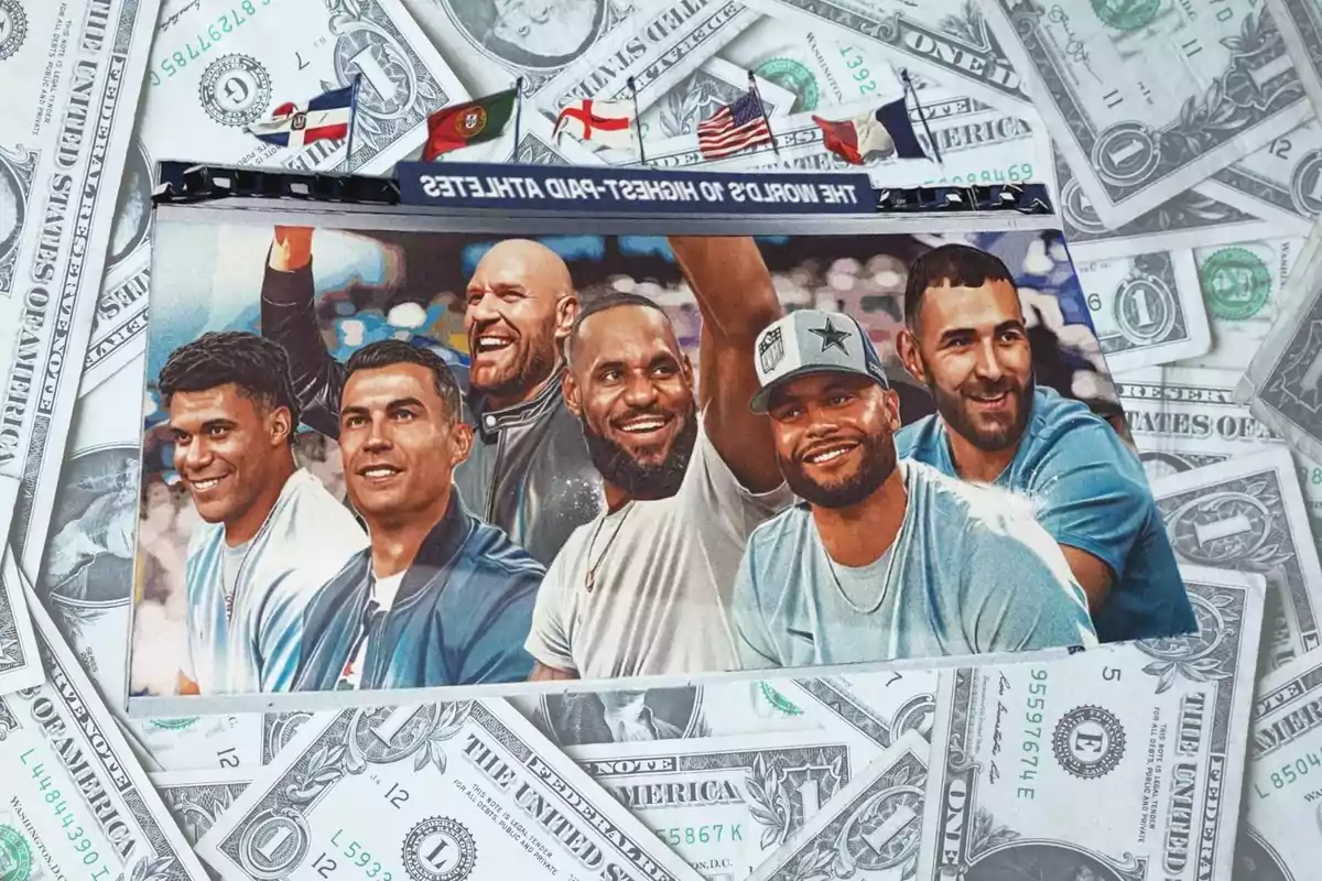 Ilustración de seis atletas famosos sonriendo sobre un fondo de billetes de dólar y pequeñas banderas de diferentes países