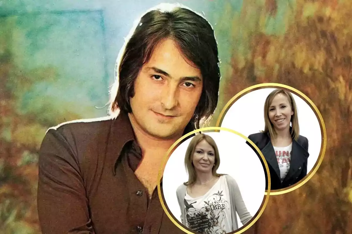 Hombre de cabello largo y oscuro en el centro con dos mujeres en círculos dorados en la esquina derecha sobre un fondo difuminado