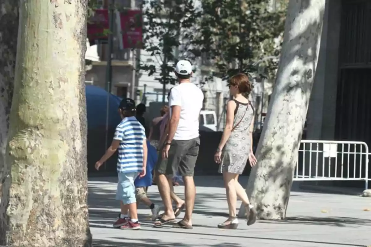 Una familia camina por una acera arbolada en un día soleado Una familia camina por una acera arbolada en un día soleado