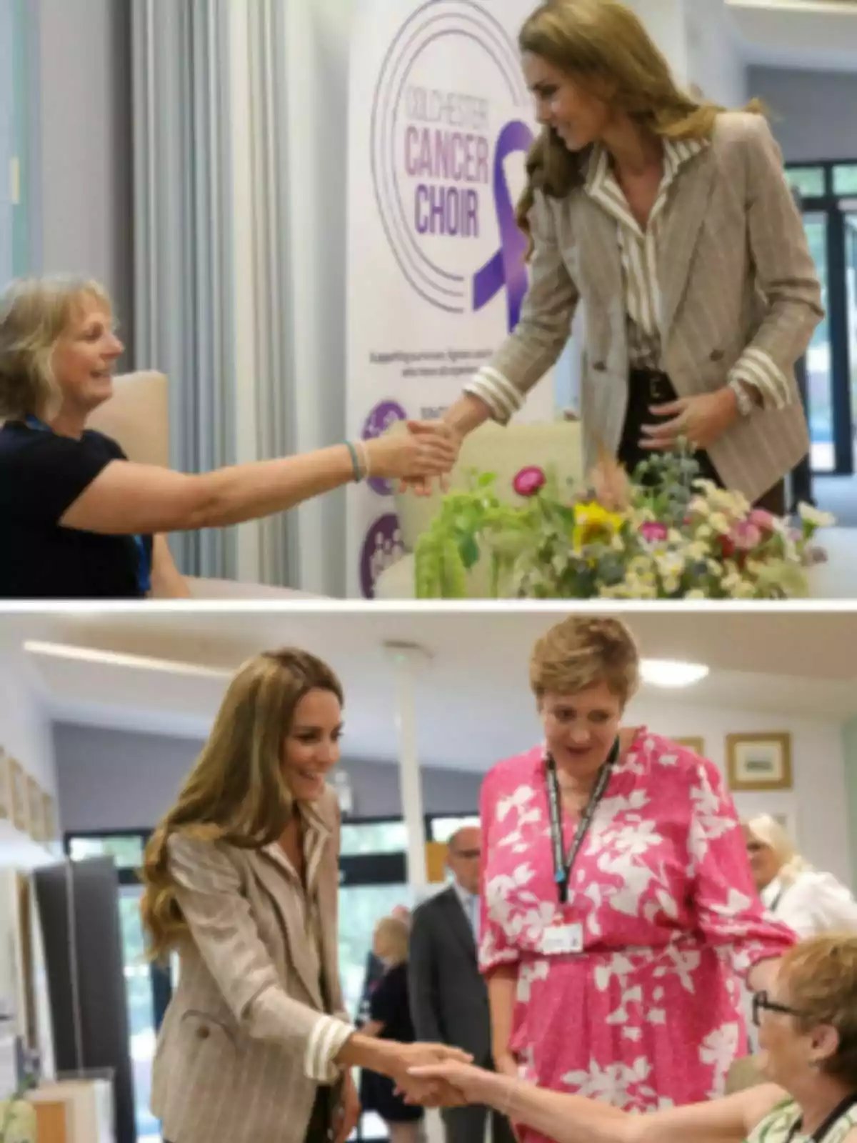 Kate Middleton, wearing a beige jacket, greets and talks with several people at an event related to a choir supporting cancer patients. Kate Middleton, wearing a beige jacket, greets and talks with several people at an event related to a choir supporting cancer patients.