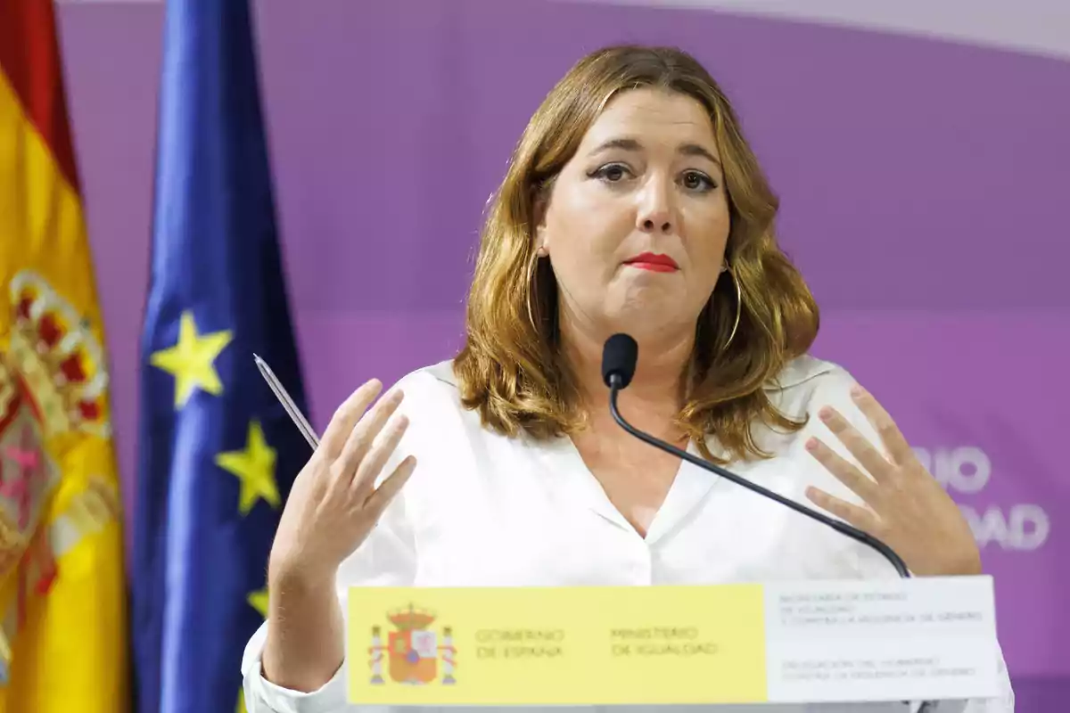 Mujer hablando en una rueda de prensa frente a micrófono con banderas de España y la Unión Europea al fondo Mujer hablando en una rueda de prensa frente a micrófono con banderas de España y la Unión Europea al fondo