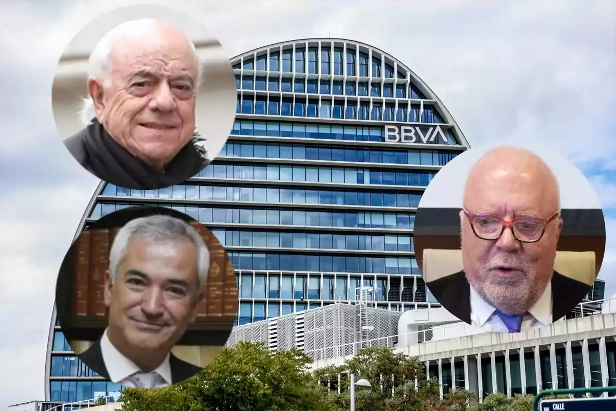 Tres hombres mayores en círculos superpuestos sobre la imagen de un edificio moderno de oficinas con el logo de BBVA