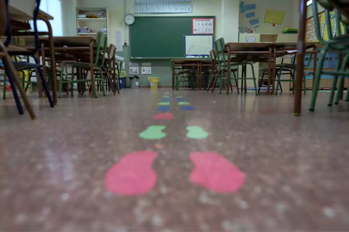 Aula escolar vacía con sillas y mesas apiladas y huellas de colores en el suelo que guían hacia el pizarrón Aula escolar vacía con sillas y mesas apiladas y huellas de colores en el suelo que guían hacia el pizarrón