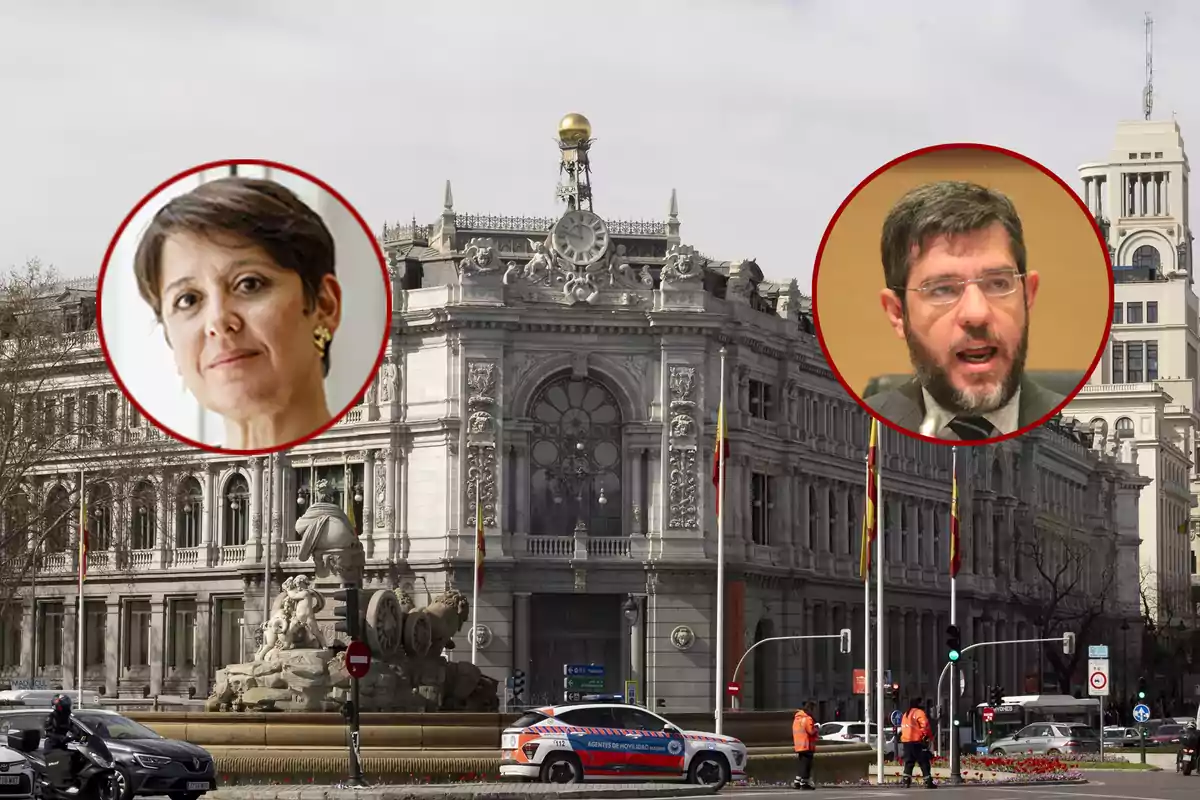 Dos retratos de personas enmarcados en círculos rojos sobre la imagen de un edificio histórico en una ciudad con tráfico y agentes de movilidad