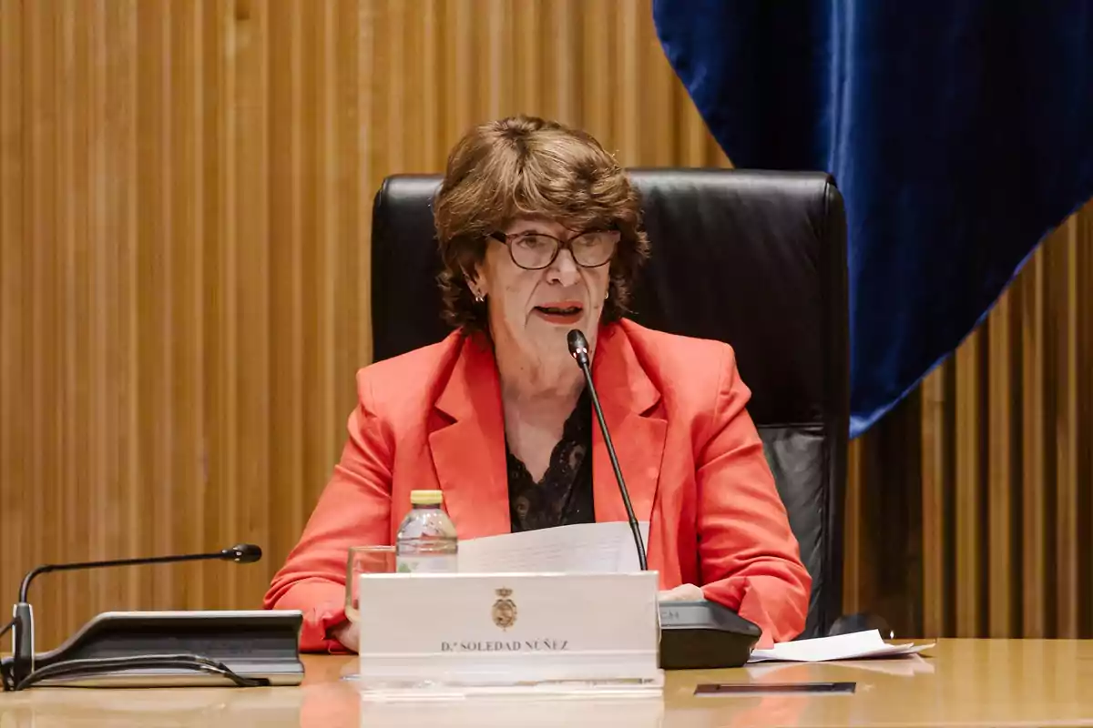 Mujer de cabello corto y gafas, vestida con chaqueta roja, hablando frente a un micrófono en una sala de conferencias Mujer de cabello corto y gafas, vestida con chaqueta roja, hablando frente a un micrófono en una sala de conferencias