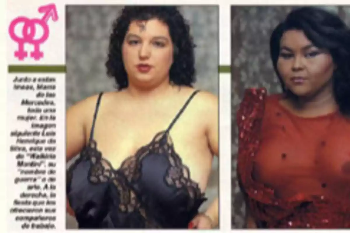 Dos personas posan para la cámara una lleva lencería negra y la otra un vestido rojo translúcido Dos personas posan para la cámara una lleva lencería negra y la otra un vestido rojo translúcido
