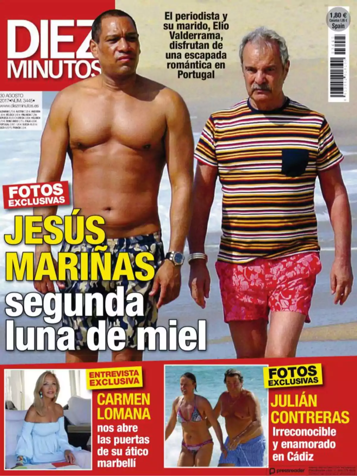 Portada de una revista Diez Minutos donde aparecen dos hombres caminando por la playa, uno con camiseta de rayas y el otro sin camiseta, junto a titulares sobre una escapada romántica en Portugal y otras noticias de famosos Portada de una revista Diez Minutos donde aparecen dos hombres caminando por la playa, uno con camiseta de rayas y el otro sin camiseta, junto a titulares sobre una escapada romántica en Portugal y otras noticias de famosos