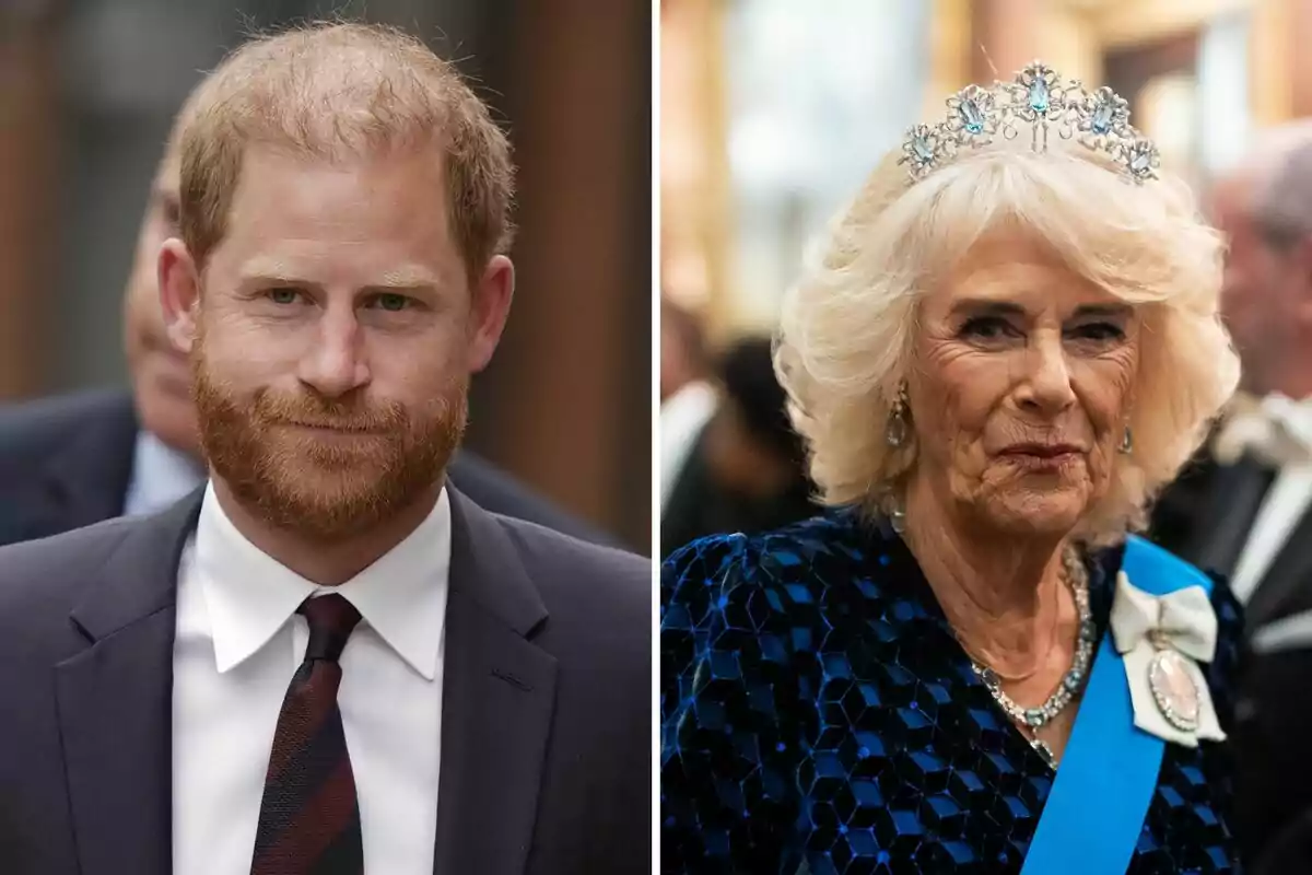 Un hombre de cabello y barba pelirroja con traje y corbata aparece junto a una mujer de cabello rubio y corto que lleva una tiara y un vestido azul elegante Un hombre de cabello y barba pelirroja con traje y corbata aparece junto a una mujer de cabello rubio y corto que lleva una tiara y un vestido azul elegante