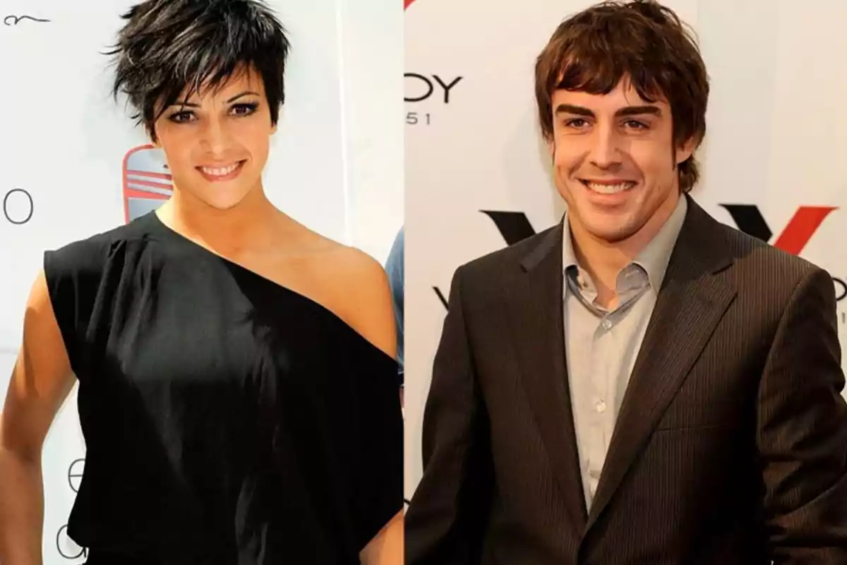 Dos personas posando y sonriendo en un evento, una mujer con vestido negro de un solo hombro y un hombre con traje oscuro y camisa clara Dos personas posando y sonriendo en un evento, una mujer con vestido negro de un solo hombro y un hombre con traje oscuro y camisa clara