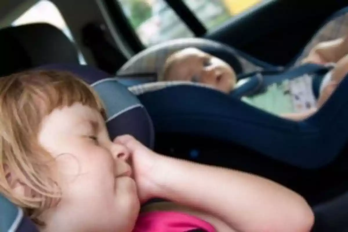 Dos niños pequeños en sillas de auto dentro de un coche uno de ellos está dormido y el otro despierto. Dos niños pequeños en sillas de auto dentro de un coche uno de ellos está dormido y el otro despierto.