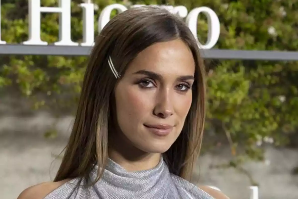 Mujer joven de cabello lacio castaño con pasador plateado, usando un top gris brillante y posando al aire libre frente a un fondo verde y letras blancas desenfocadas. Mujer joven de cabello lacio castaño con pasador plateado, usando un top gris brillante y posando al aire libre frente a un fondo verde y letras blancas desenfocadas.