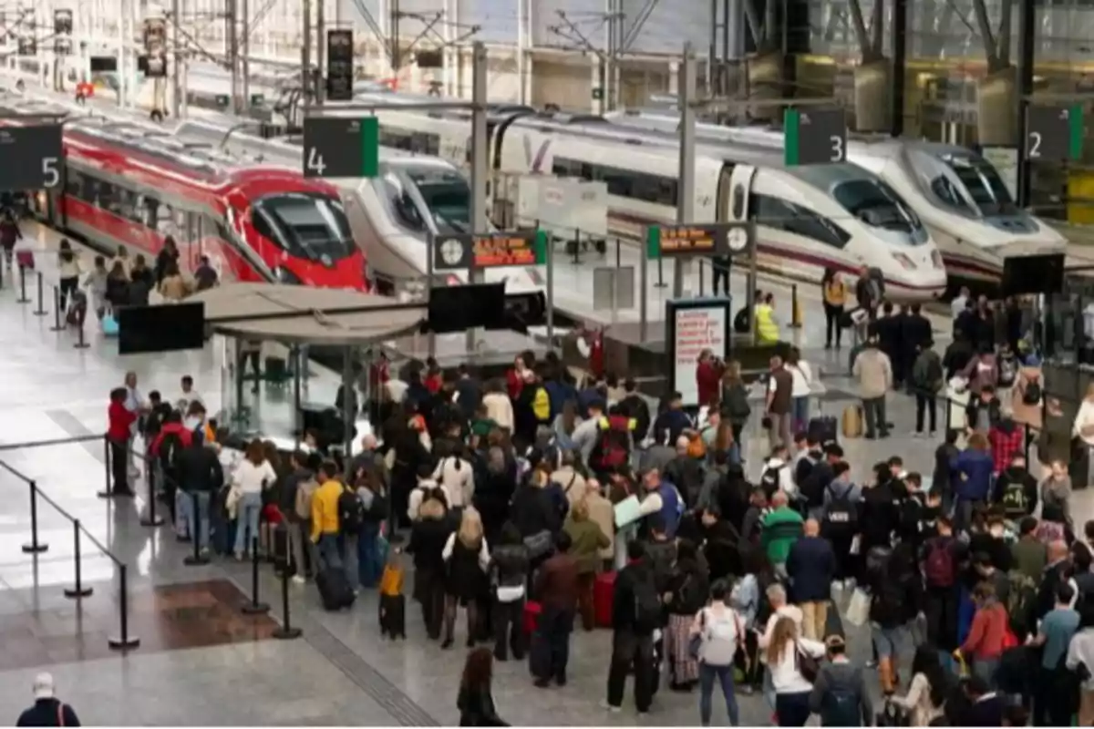 Estación de tren con varias personas haciendo fila y varios trenes de alta velocidad en los andenes Estación de tren con varias personas haciendo fila y varios trenes de alta velocidad en los andenes