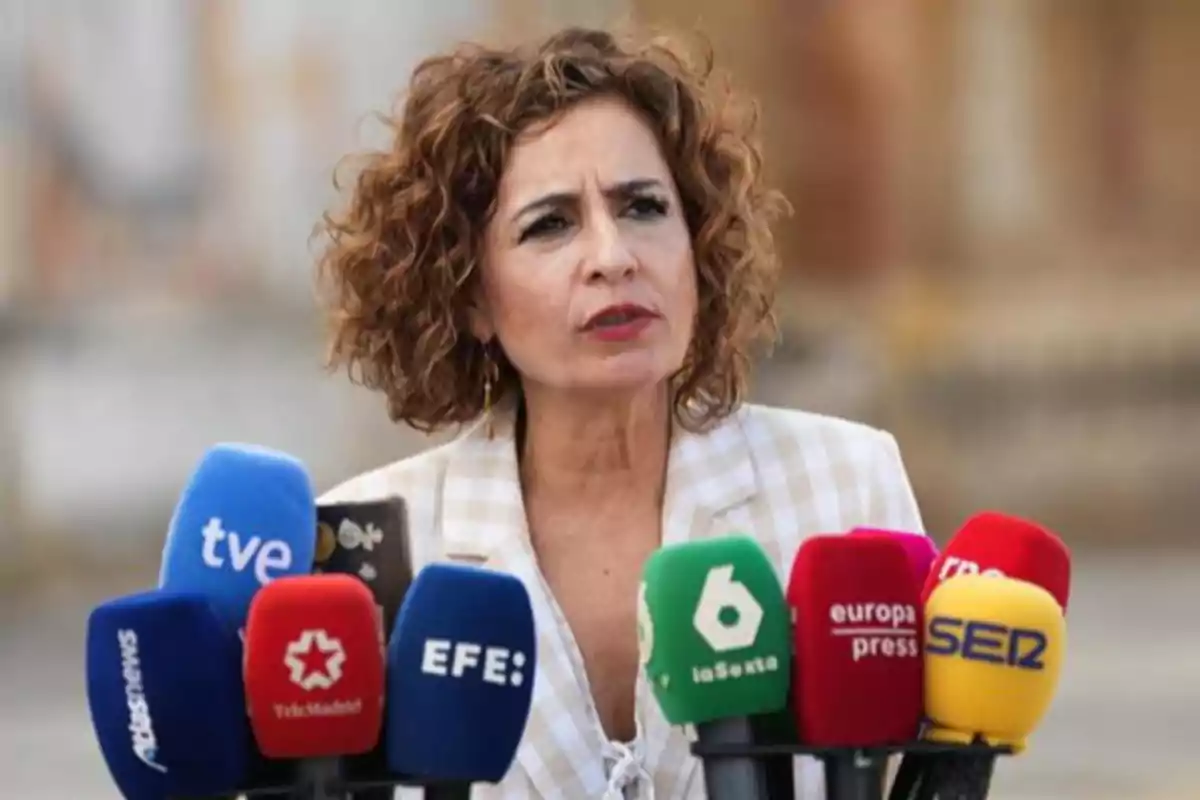 Mujer de cabello rizado hablando frente a varios micrófonos de diferentes medios de comunicación Mujer de cabello rizado hablando frente a varios micrófonos de diferentes medios de comunicación