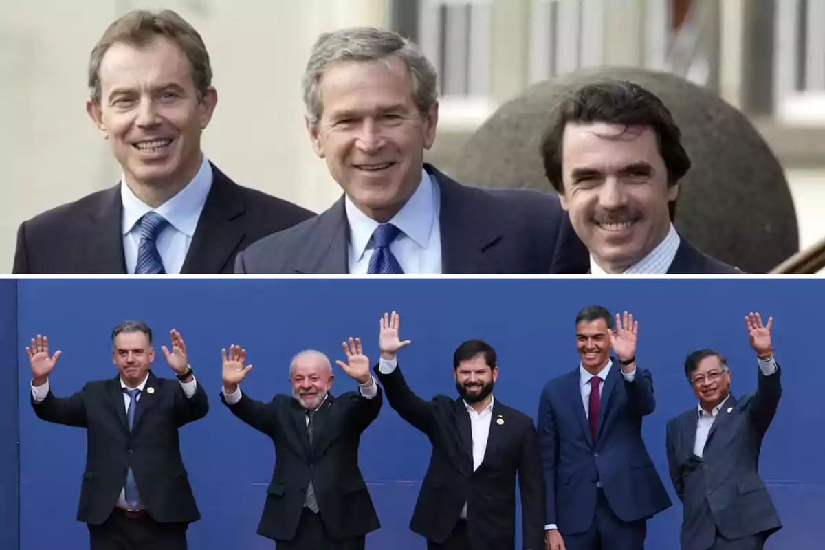 En la parte superior de la imagen hay tres hombres vestidos de traje sonriendo, mientras que en la parte inferior hay cinco hombres también de traje, algunos de ellos saludando con la mano levantada frente a un fondo azul.