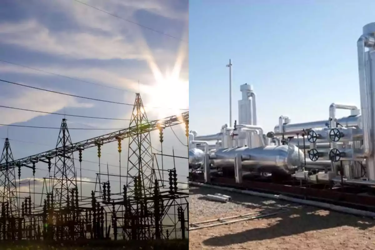 Electric transmission towers on the left and a gas industrial plant on the right under a clear sky