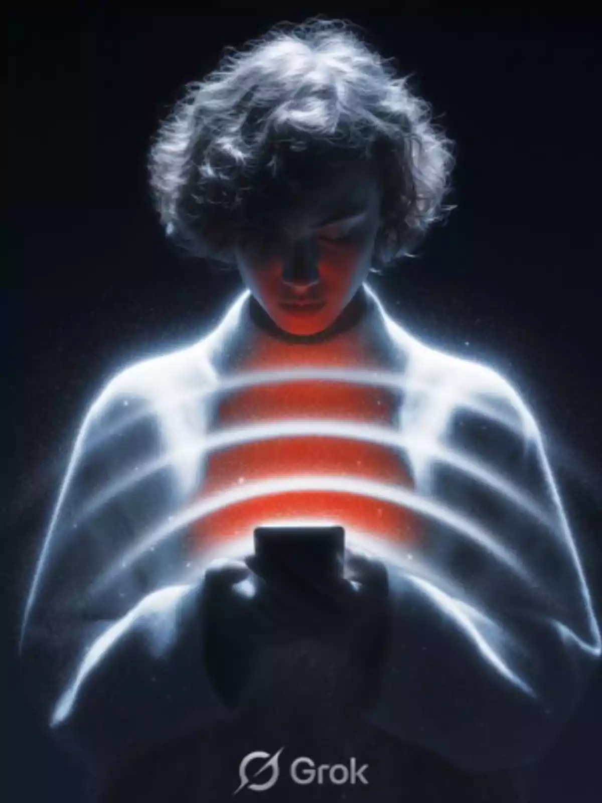 Curly-haired person looking at a mobile device emitting a red glow and light waves, with a dark background and the Grok logo at the bottom. Curly-haired person looking at a mobile device emitting a red glow and light waves, with a dark background and the Grok logo at the bottom.
