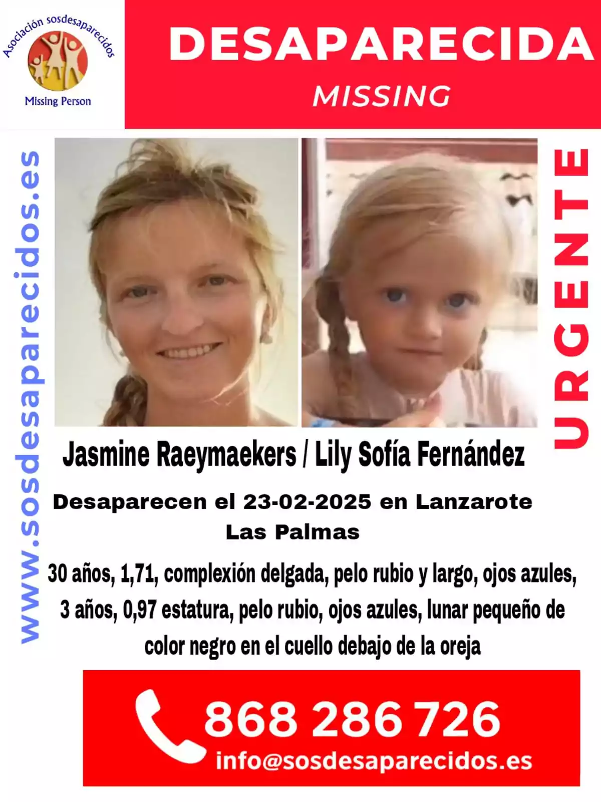 Cartel de personas desaparecidas con las fotos de una mujer y una niña, información de contacto y detalles físicos, emitido por la asociación sosdesaparecidos Cartel de personas desaparecidas con las fotos de una mujer y una niña, información de contacto y detalles físicos, emitido por la asociación sosdesaparecidos