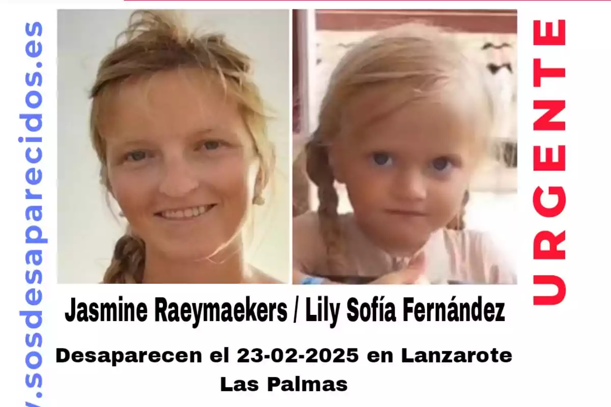 Cartel de búsqueda urgente con las fotos de una mujer y una niña, junto a los nombres Jasmine Raeymaekers y Lily Sofía Fernández, desaparecidas el 23 de febrero de 2025 en Lanzarote, Las Palmas