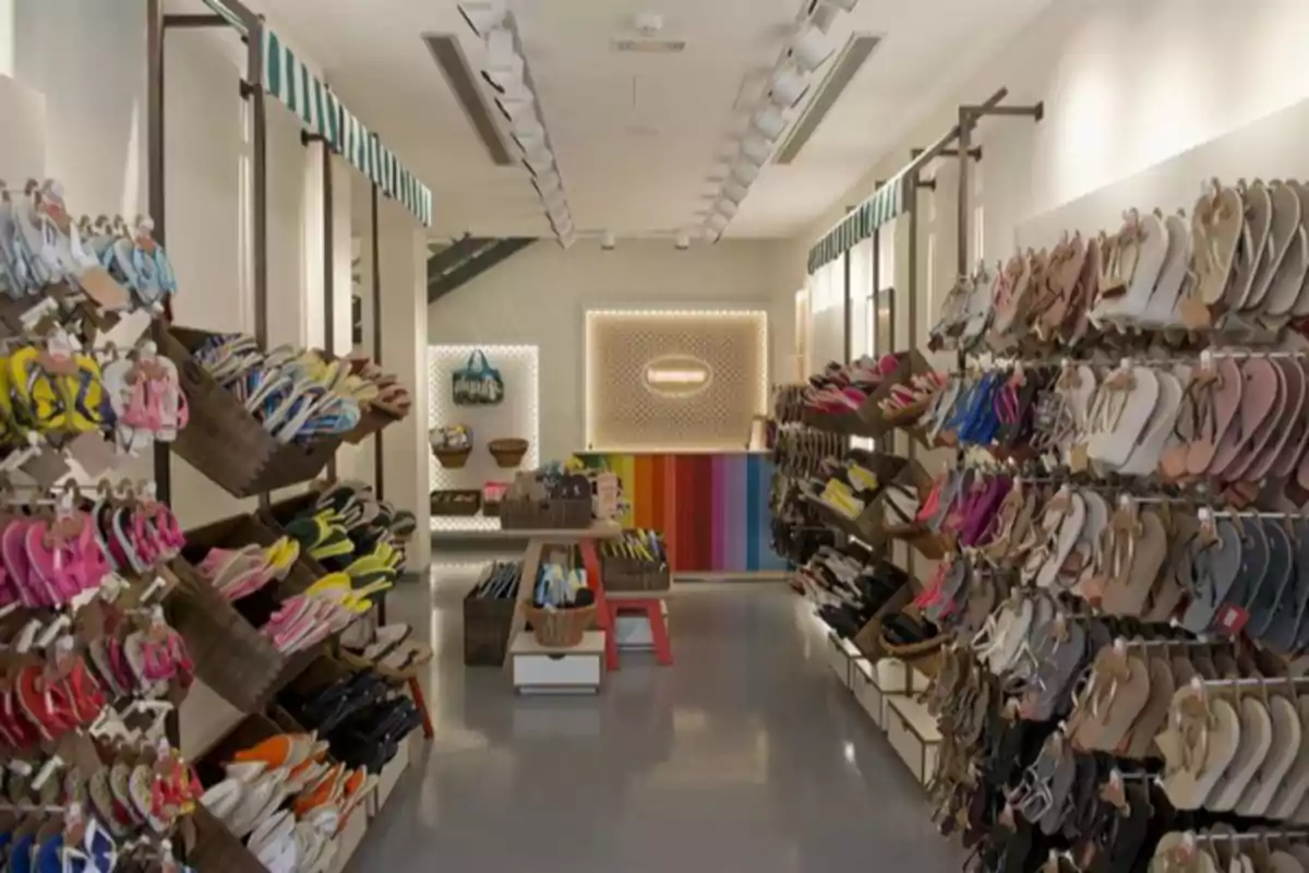 Tienda de sandalias con estantes llenos de diferentes modelos y colores de sandalias organizadas a ambos lados y un mostrador al fondo