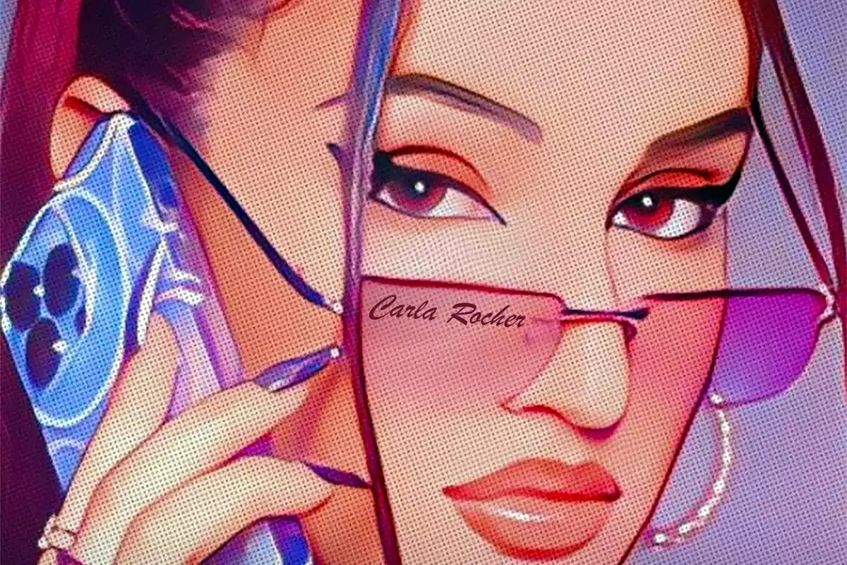 Ilustración de una mujer con gafas de sol rosadas sosteniendo un teléfono móvil azul y mirando al frente Ilustración de una mujer con gafas de sol rosadas sosteniendo un teléfono móvil azul y mirando al frente