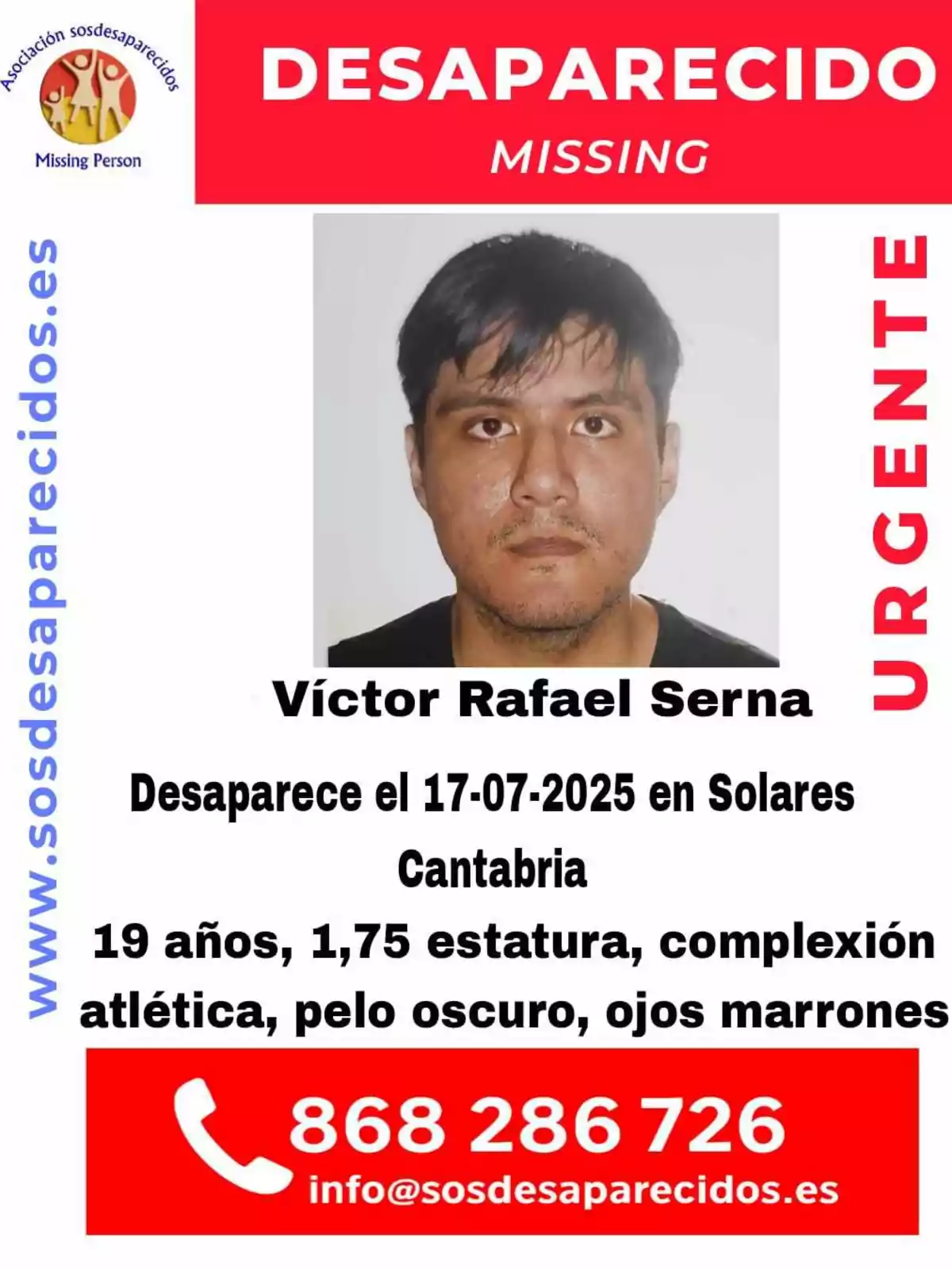 Cartel de persona desaparecida con la foto de un joven de cabello oscuro y ojos marrones, información de contacto y detalles físicos, emitido por la asociación sosdesaparecidos