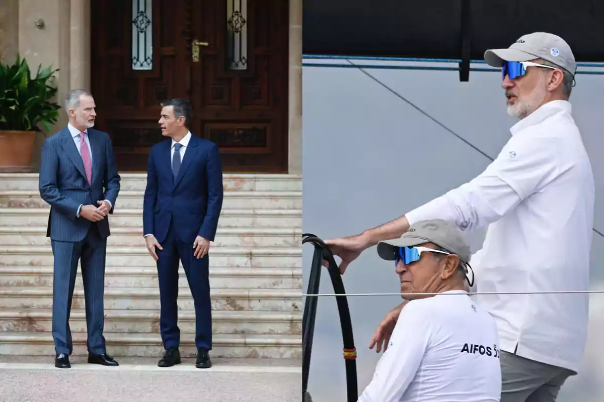 Dos hombres vestidos de traje conversan en la entrada de un edificio elegante mientras en la otra mitad de la imagen uno de ellos aparece con ropa deportiva y gafas de sol navegando en un velero junto a otra persona