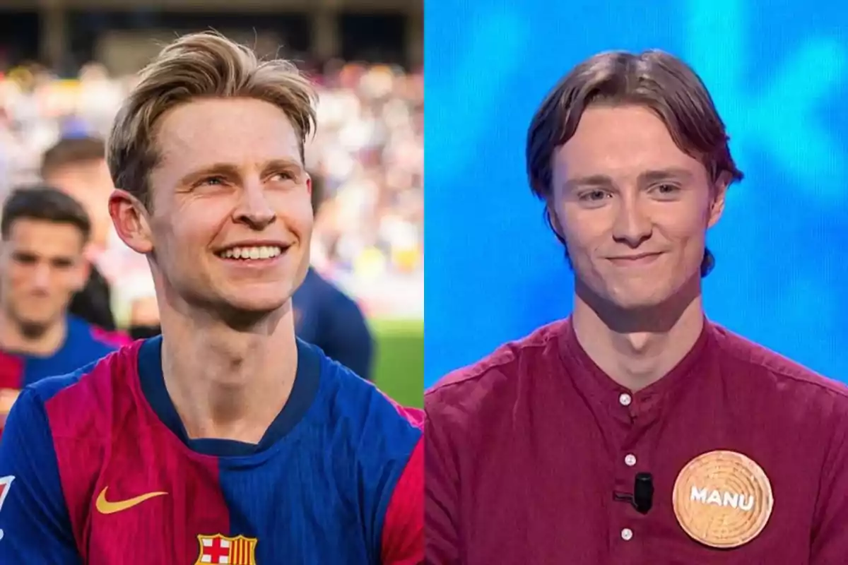 Manu y Frenkie de Jong jóvenes de cabello rubio y peinados similares, uno con camiseta de fútbol azulgrana en un estadio y otro con camisa burdeos y un gafete que dice Manu en un set de televisión con fondo azul Manu y Frenkie de Jong jóvenes de cabello rubio y peinados similares, uno con camiseta de fútbol azulgrana en un estadio y otro con camisa burdeos y un gafete que dice Manu en un set de televisión con fondo azul