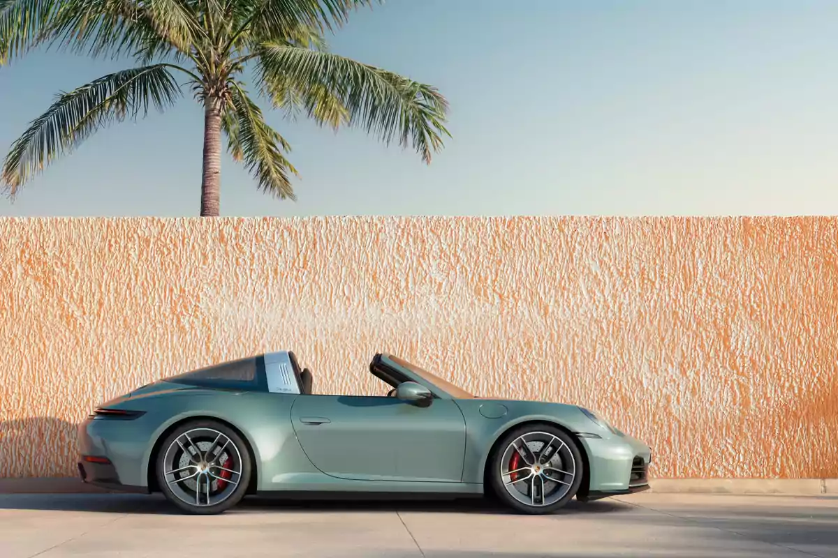 Auto deportivo descapotable color verde estacionado frente a una pared texturizada con una palmera al fondo Auto deportivo descapotable color verde estacionado frente a una pared texturizada con una palmera al fondo