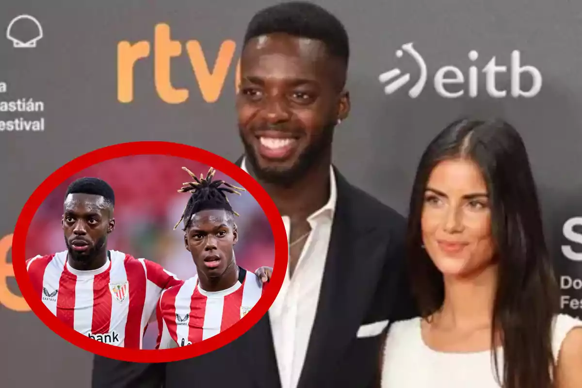 Un hombre con traje y una mujer con vestido blanco posan en un evento mientras en la esquina inferior izquierda aparece un círculo rojo con la imagen de dos futbolistas con uniforme rojiblanco