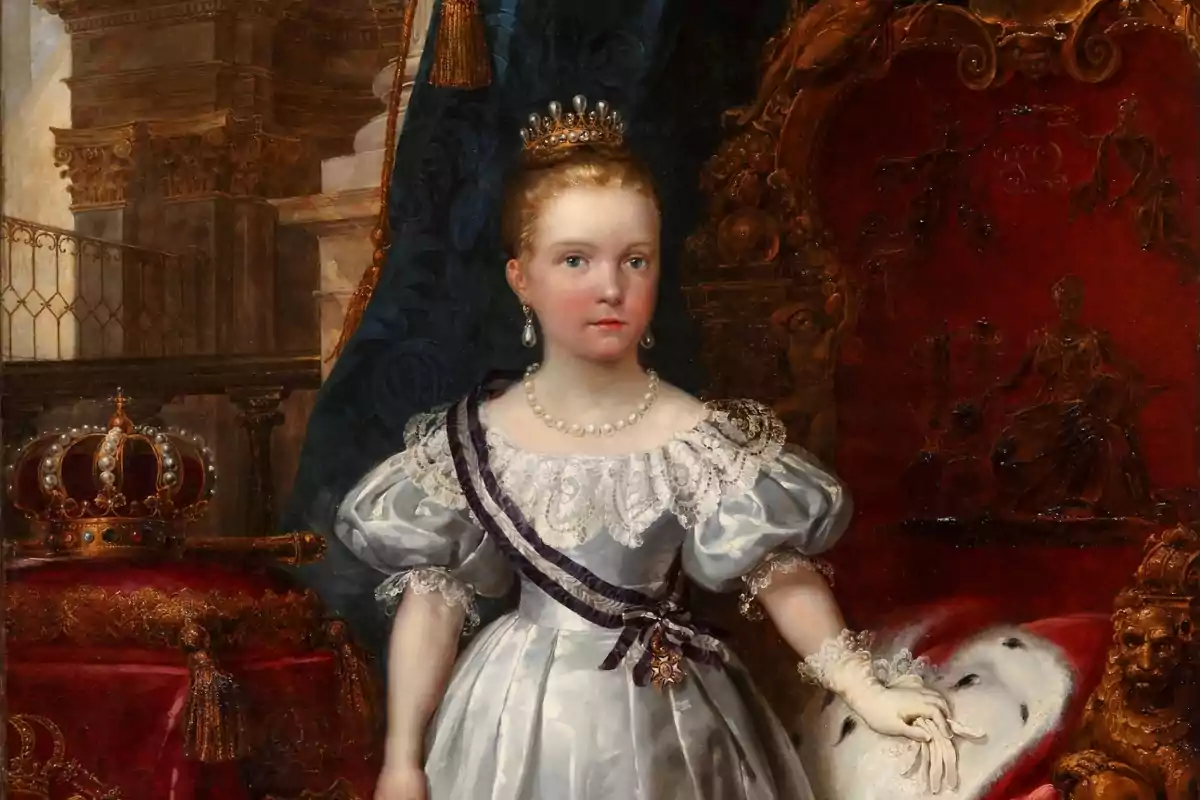 Retrato de una joven reina vestida con un elegante vestido blanco y joyas, posando junto a un trono y una corona en un ambiente palaciego Retrato de una joven reina vestida con un elegante vestido blanco y joyas, posando junto a un trono y una corona en un ambiente palaciego