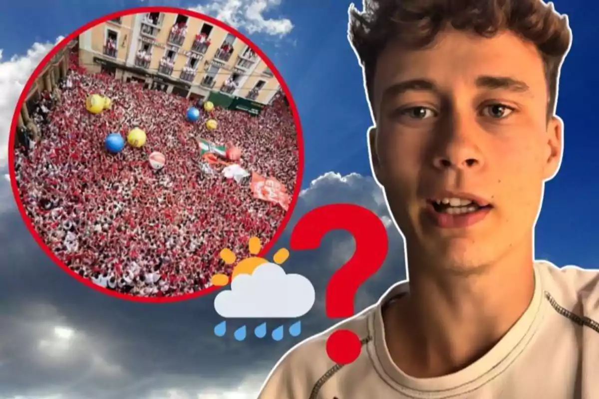 Un joven aparece en primer plano junto a un círculo que muestra una multitud vestida de rojo y blanco con globos de colores, un icono de clima y un signo de interrogación sobre un fondo de cielo nublado y azul.
