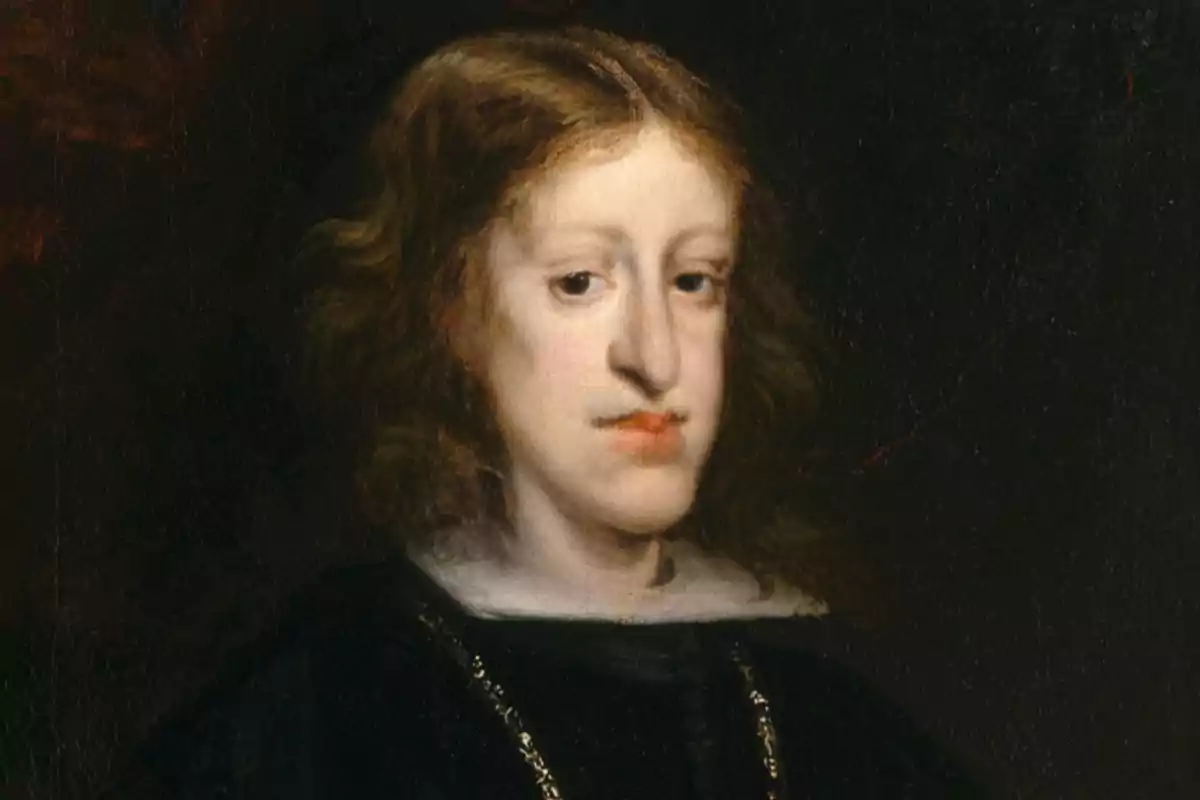 Retrato al óleo de un hombre joven con cabello largo y ondulado, vestido con ropa oscura y un collar dorado sobre fondo oscuro Retrato al óleo de un hombre joven con cabello largo y ondulado, vestido con ropa oscura y un collar dorado sobre fondo oscuro