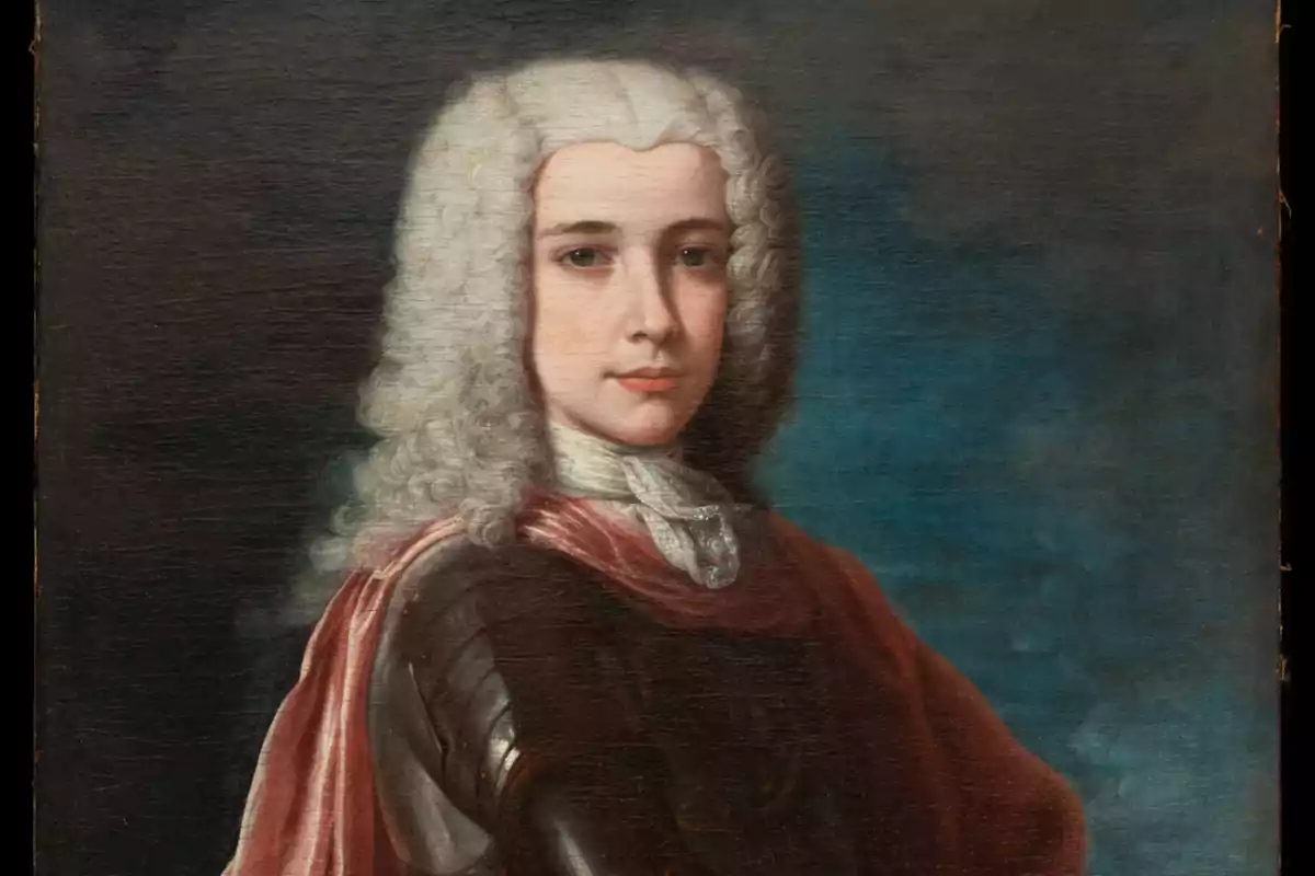 Retrato de un joven con peluca blanca, armadura oscura y capa roja sobre un fondo azul oscuro Retrato de un joven con peluca blanca, armadura oscura y capa roja sobre un fondo azul oscuro