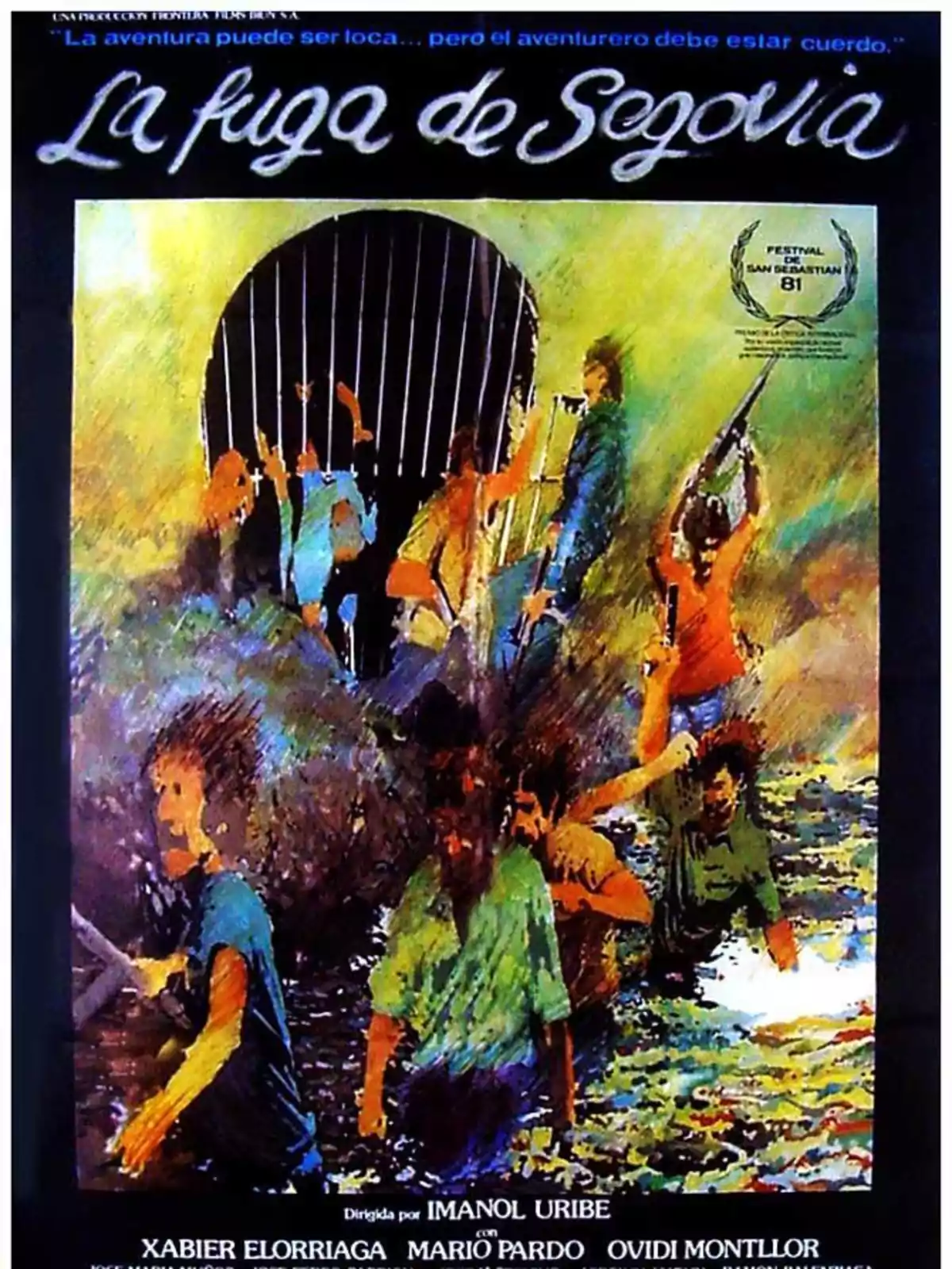 Cartel de la película La fuga de Segovia con ilustración de varios hombres escapando por una reja en medio del agua y colores vibrantes Cartel de la película La fuga de Segovia con ilustración de varios hombres escapando por una reja en medio del agua y colores vibrantes