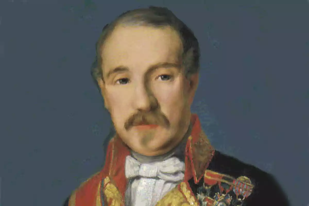 Retrato de un hombre con bigote vestido con uniforme militar decorado y fondo azul oscuro Retrato de un hombre con bigote vestido con uniforme militar decorado y fondo azul oscuro