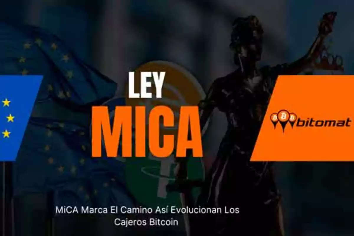 Imagen con la palabra MICA en grande, acompañada de la palabra ley, el logo de bitomat, banderas de la Unión Europea y una figura de la justicia, con el texto MiCA Marca El Camino Así Evolucionan Los Cajeros Bitcoin