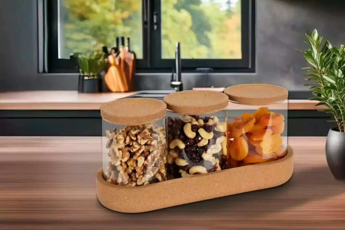 Tres frascos de vidrio con tapa de corcho contienen nueces, mezcla de frutos secos y orejones de durazno sobre una encimera de cocina moderna con fondo de ventana y plantas. Tres frascos de vidrio con tapa de corcho contienen nueces, mezcla de frutos secos y orejones de durazno sobre una encimera de cocina moderna con fondo de ventana y plantas.