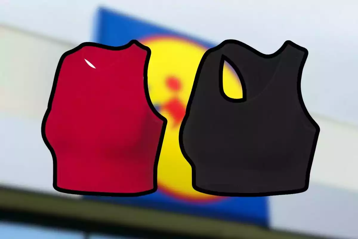 Dos tops deportivos, uno rojo y otro negro, con un fondo desenfocado de un letrero de supermercado. Dos tops deportivos, uno rojo y otro negro, con un fondo desenfocado de un letrero de supermercado.