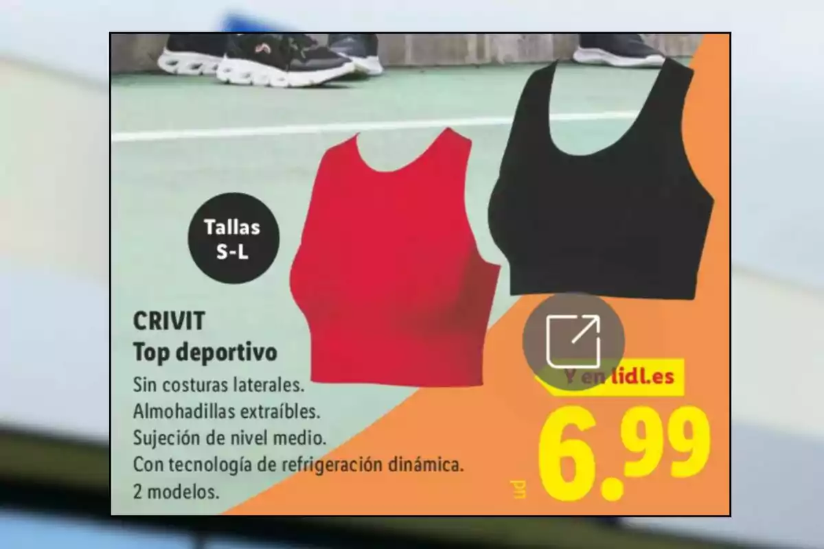 Dos tops deportivos sin costuras laterales en colores rojo y negro con precio de 6.99 euros y tallas S a L disponibles Dos tops deportivos sin costuras laterales en colores rojo y negro con precio de 6.99 euros y tallas S a L disponibles