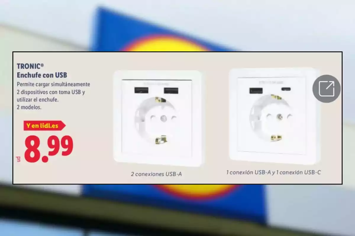 Publicidad de enchufe con USB marca Tronic disponible en Lidl por 8.99 euros mostrando dos modelos uno con dos conexiones USB-A y otro con una conexión USB-A y una USB-C Publicidad de enchufe con USB marca Tronic disponible en Lidl por 8.99 euros mostrando dos modelos uno con dos conexiones USB-A y otro con una conexión USB-A y una USB-C