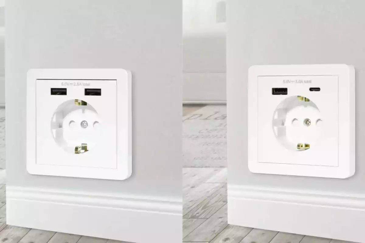 Dos enchufes de pared modernos con puertos USB y USB tipo C integrados en una habitación con suelo de madera clara y paredes blancas. Dos enchufes de pared modernos con puertos USB y USB tipo C integrados en una habitación con suelo de madera clara y paredes blancas.