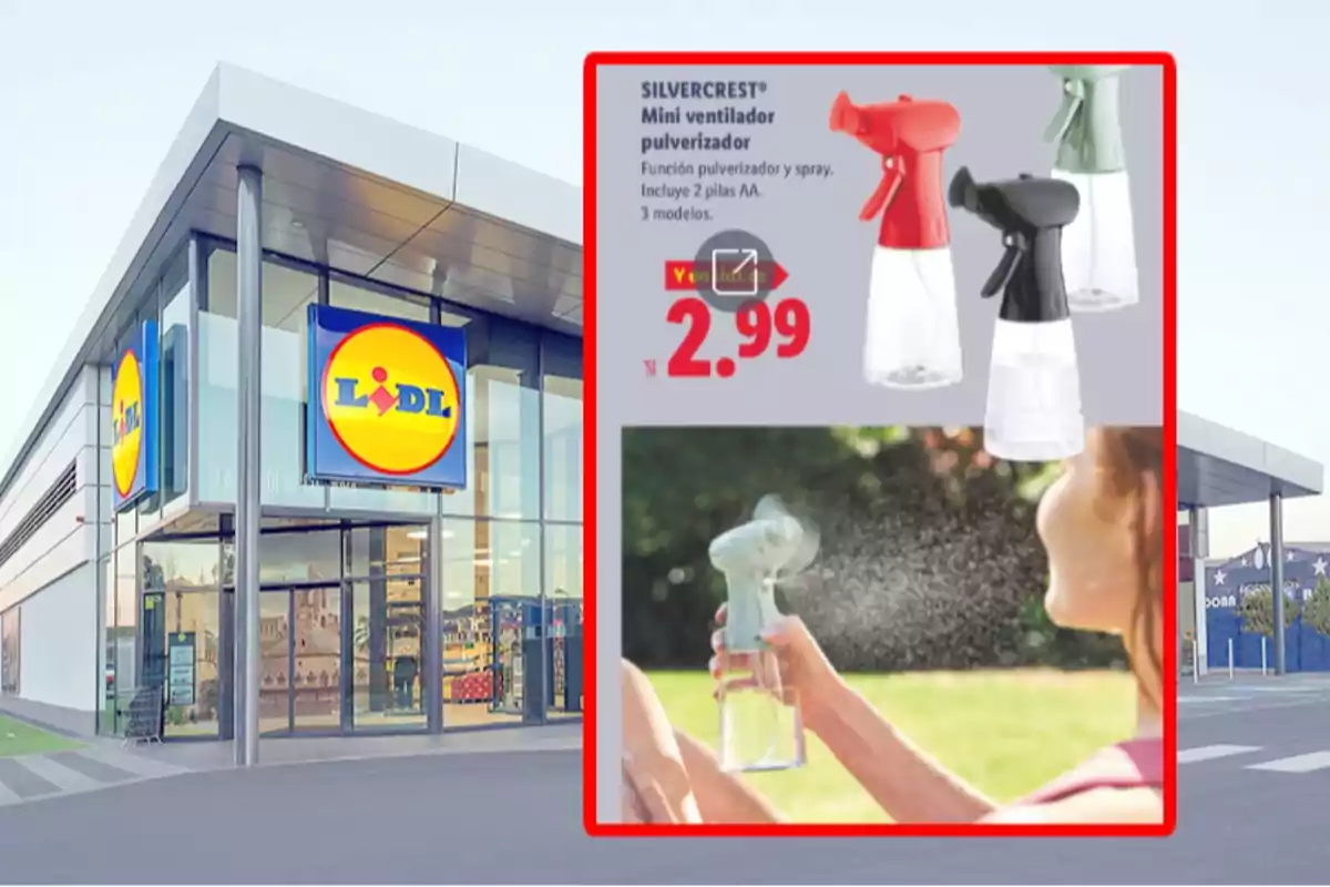 Fachada de una tienda Lidl con un anuncio de un mini ventilador pulverizador Silvercrest en oferta a 2,99 euros Fachada de una tienda Lidl con un anuncio de un mini ventilador pulverizador Silvercrest en oferta a 2,99 euros