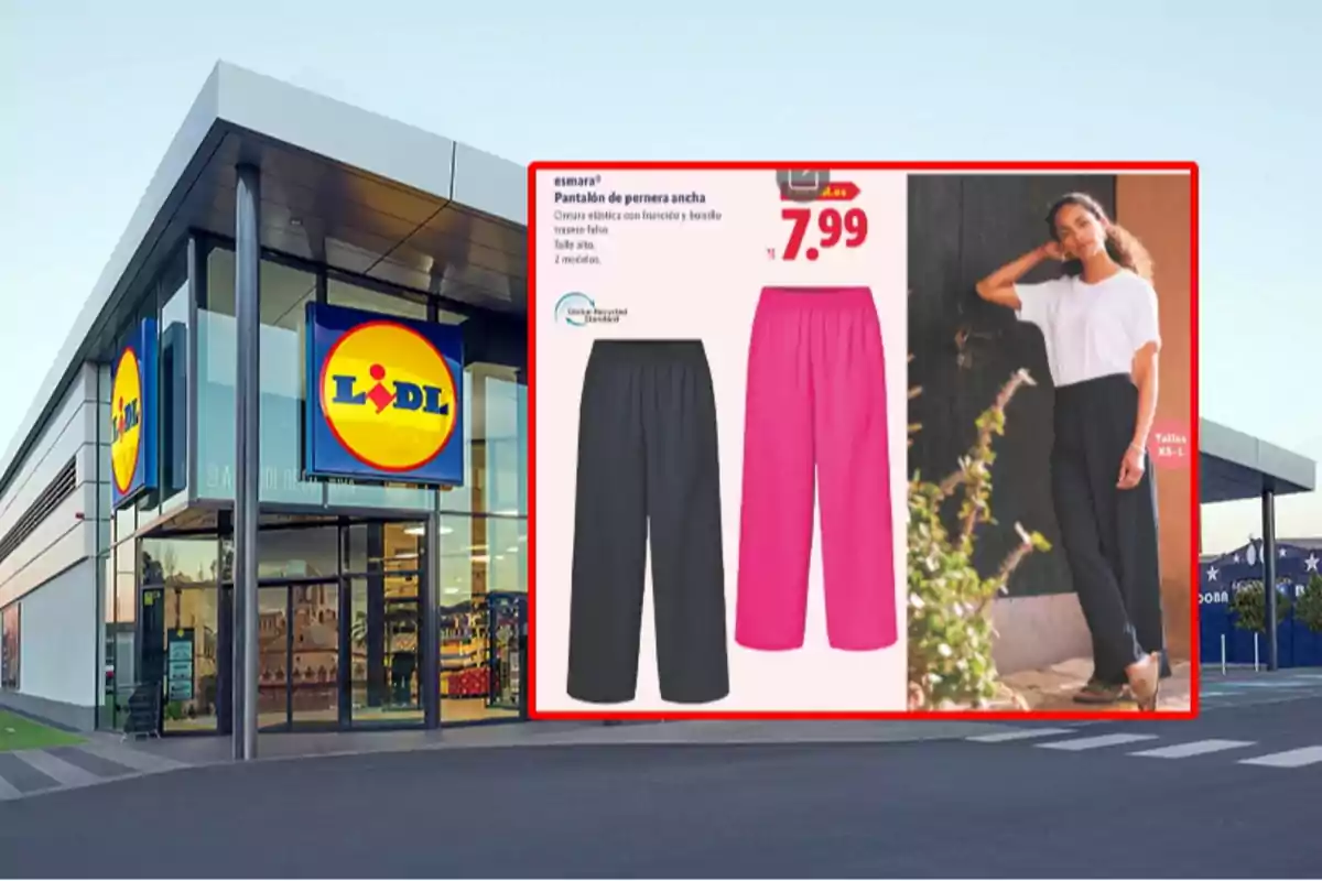 Fachada de una tienda Lidl con un anuncio de pantalones de pierna ancha en colores negro y rosa a un precio de 7,99 euros y una modelo usando uno de los pantalones Fachada de una tienda Lidl con un anuncio de pantalones de pierna ancha en colores negro y rosa a un precio de 7,99 euros y una modelo usando uno de los pantalones
